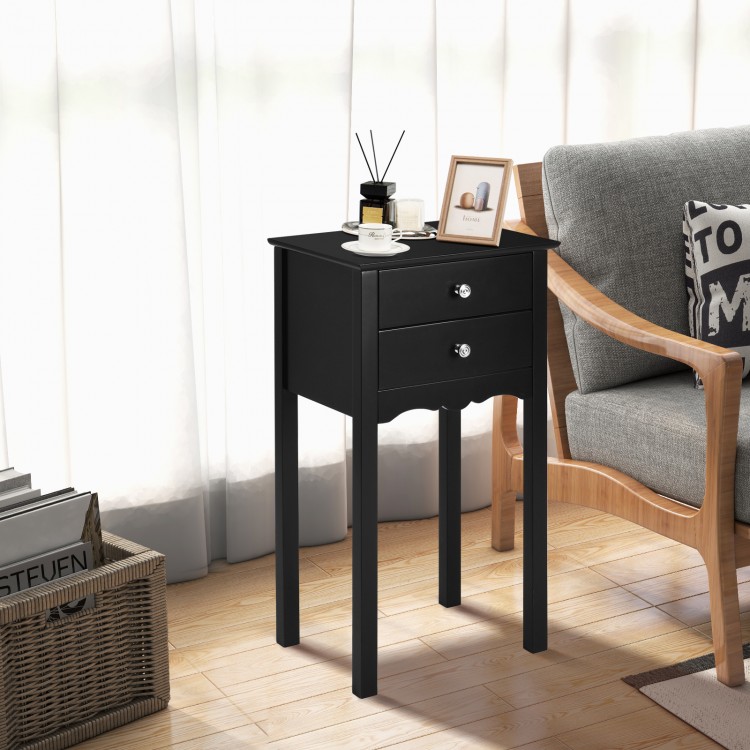 Black vintage side end table with two storage drawers and elegant design, perfect for living rooms or bedrooms.
